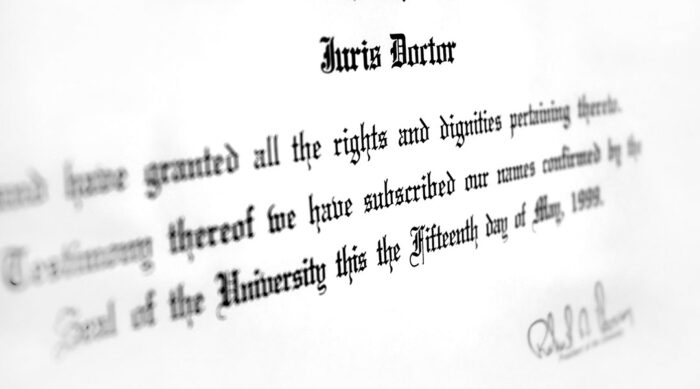 Printed copy of a law degree certificate.
